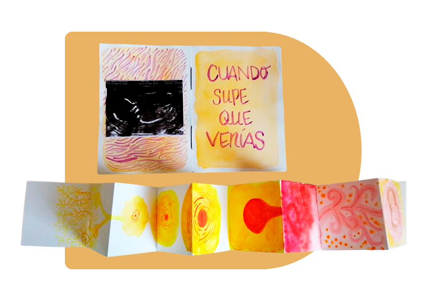 Bitácora de gestación pintada en acuarela, desplegada en acordeón
